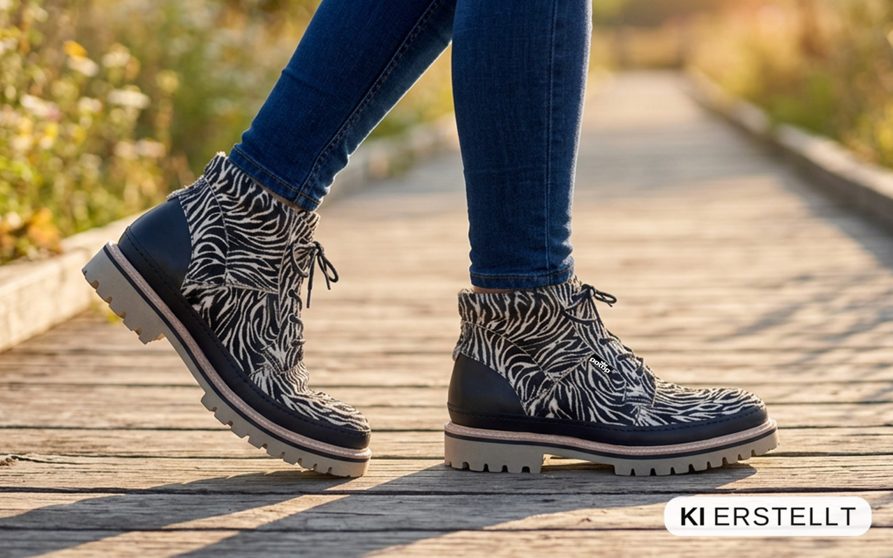 Herren-Boot aus Leder in Zebra schwarz weiss, am Fuss getragen