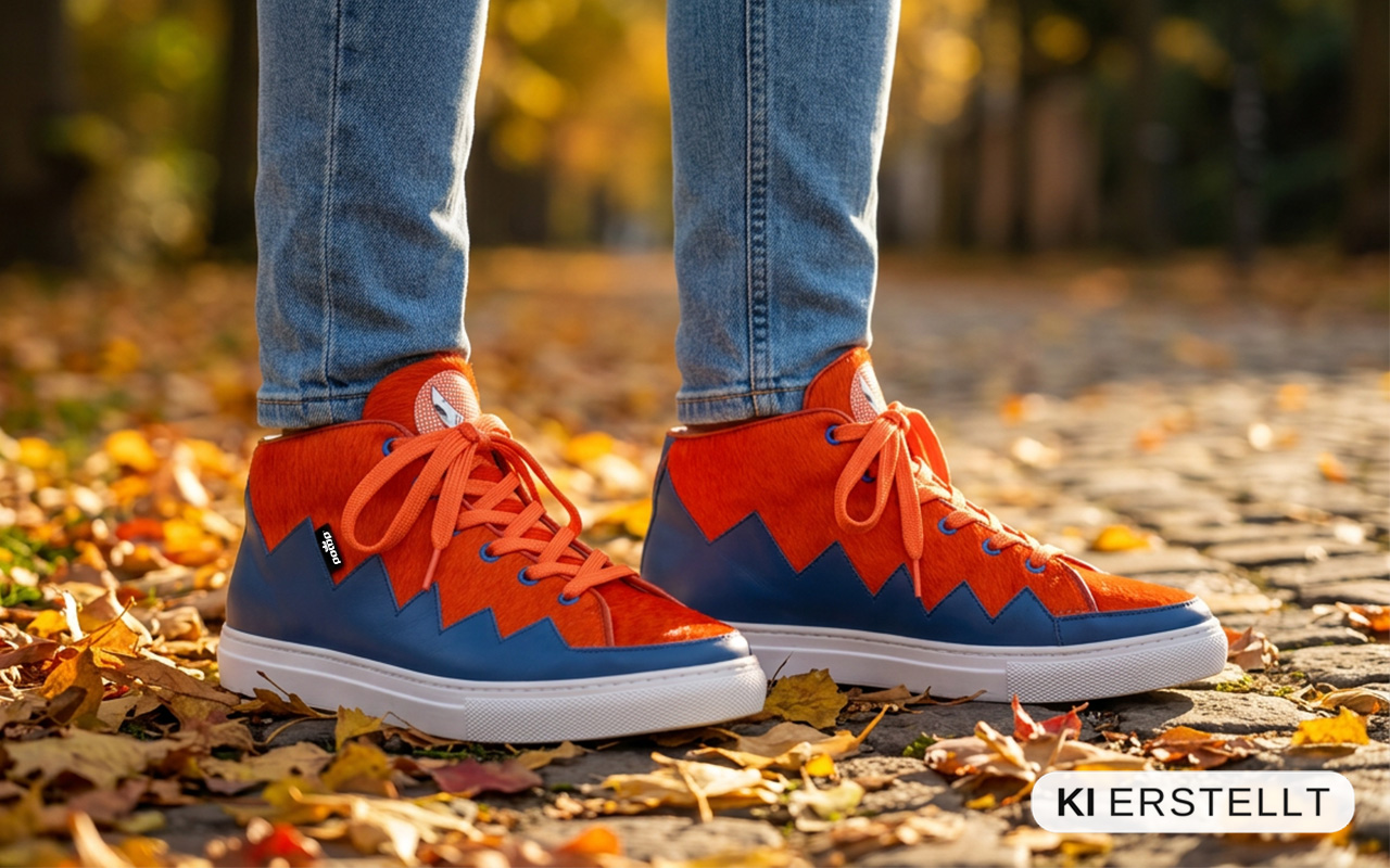 Herren-Sneaker aus Kuhfell in Orange blau, am Fuss getragen, zweite Ansicht