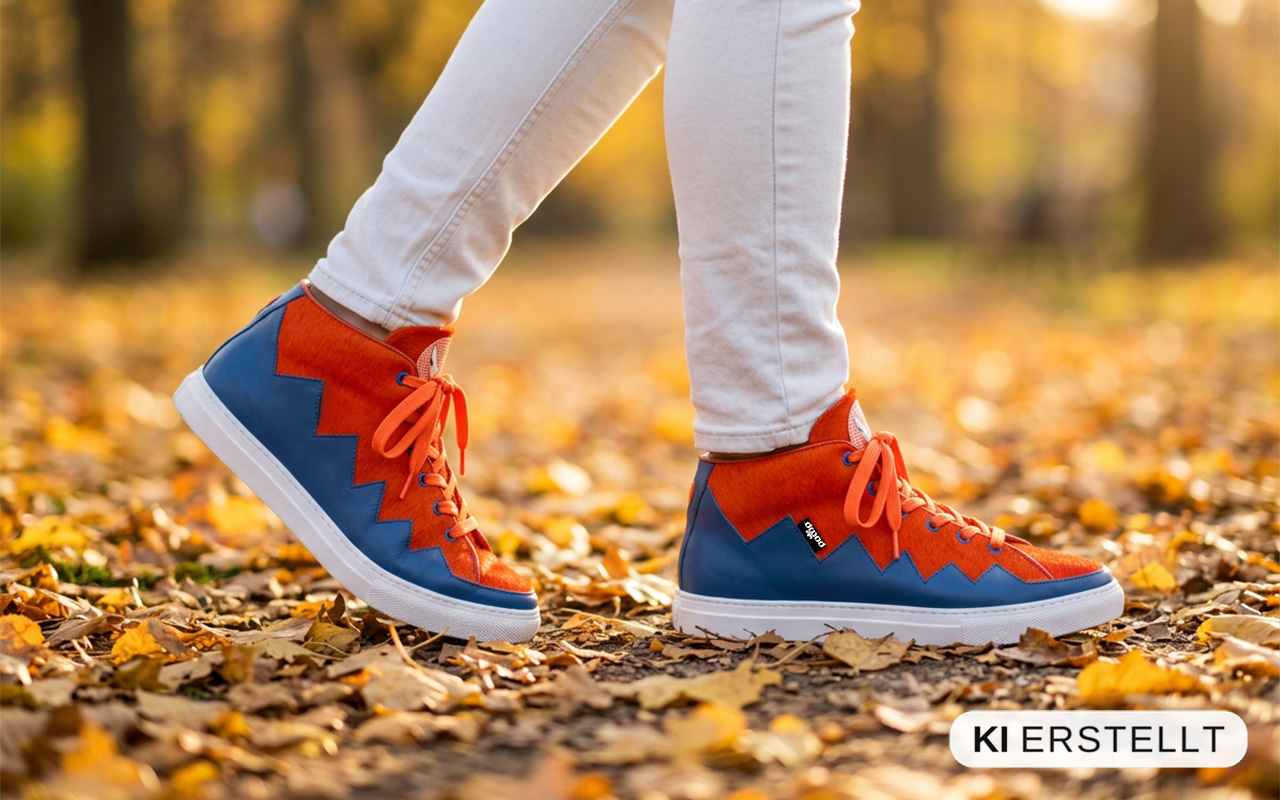 Herren-Sneaker aus Kuhfell in Orange blau, am Fuss getragen