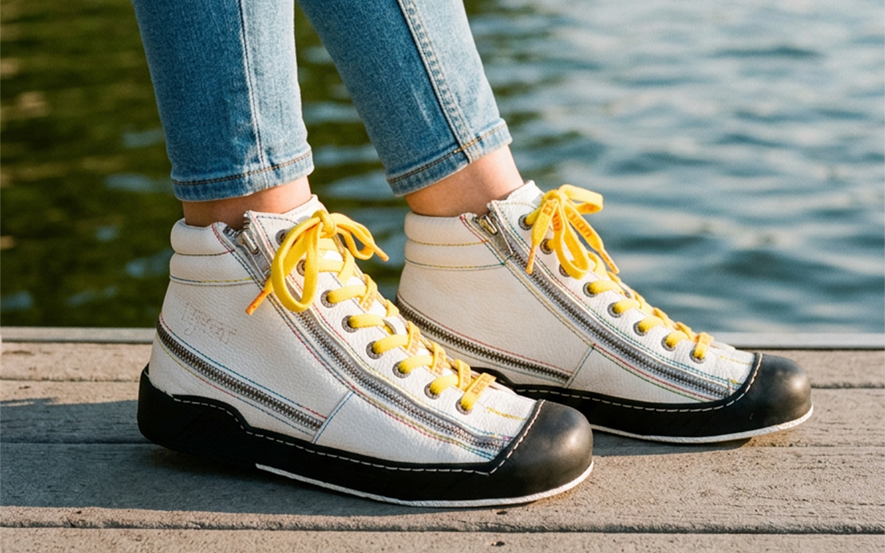 Damen-Sneaker aus Leder in Weiß, am Fuss getragen, zweite Ansicht