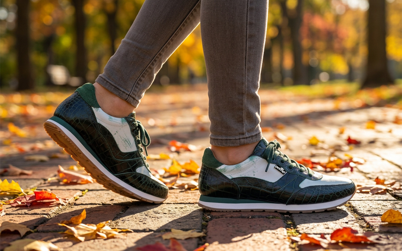 Herren-Sneaker aus Leder in Grün weiß, am Fuss getragen