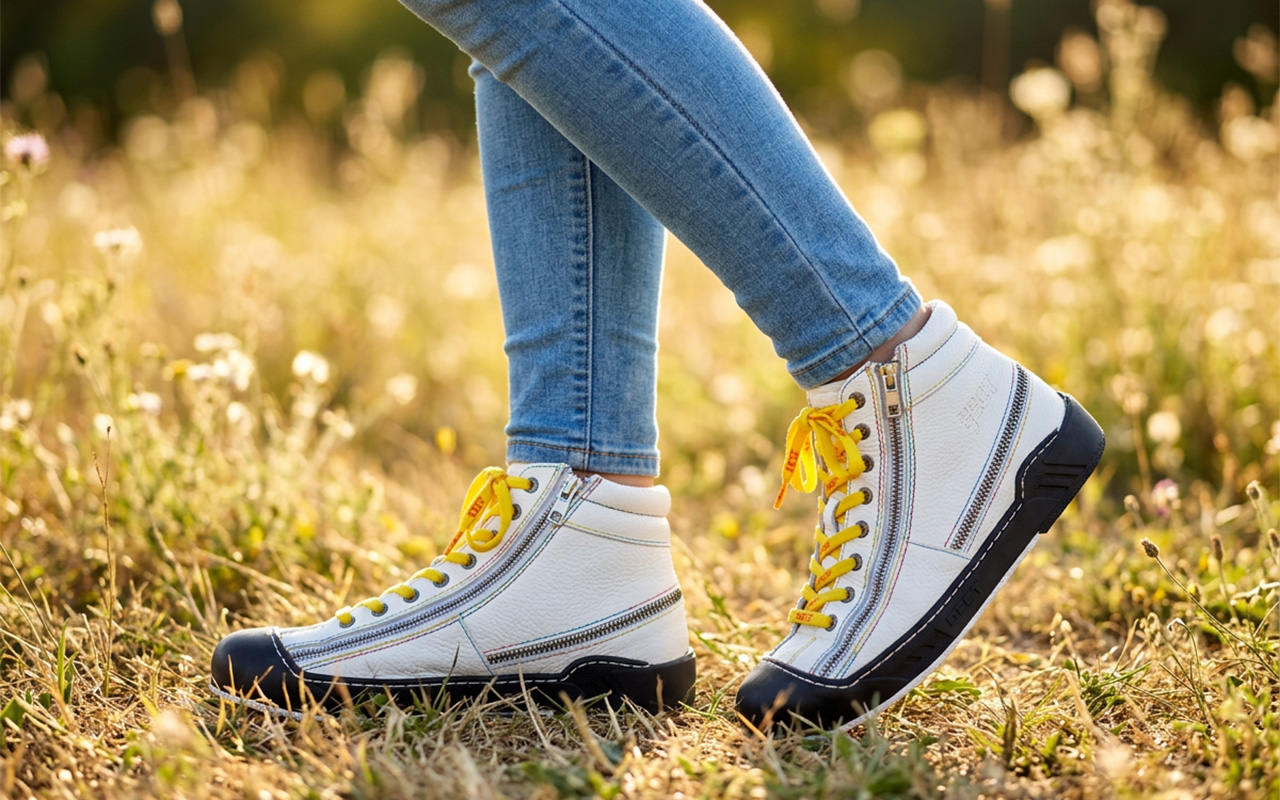 Damen-Sneaker aus Leder in Weiß, am Fuss getragen
