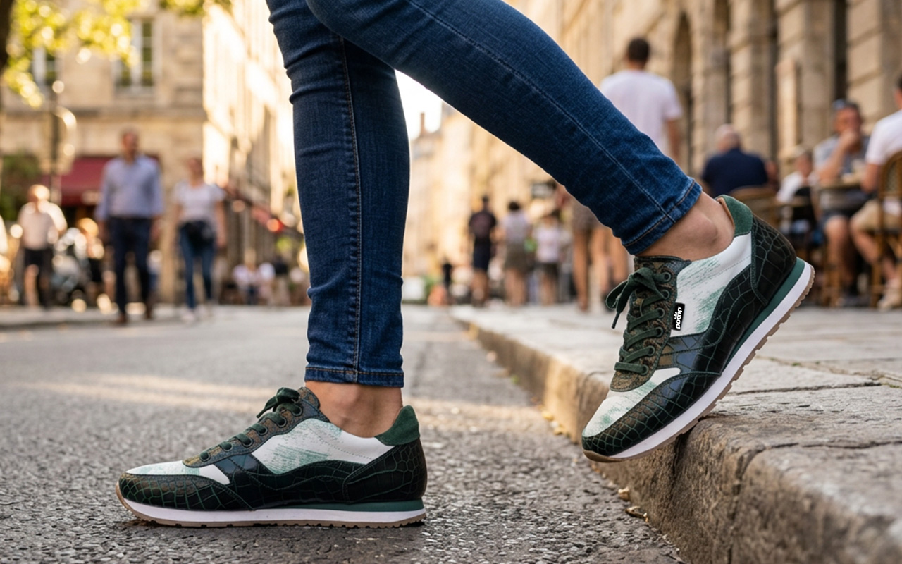 Herren-Sneaker aus Leder in Grün weiß, am Fuss getragen, zweite Ansicht