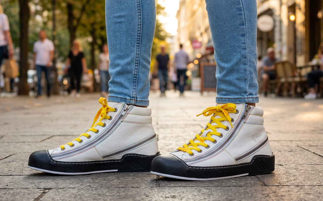 Herren-Sneaker aus Leder in Weiß, am Fuss getragen