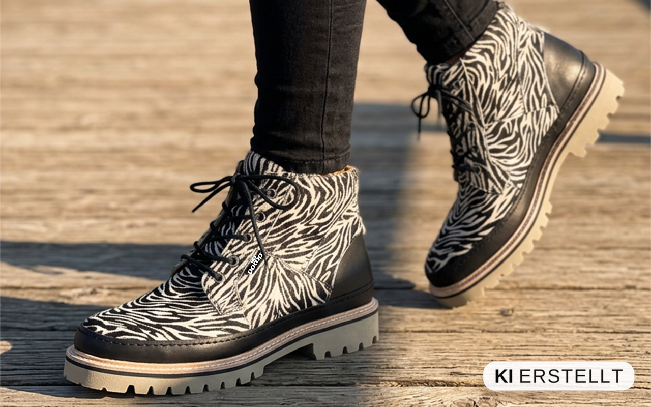 Herren-Boot aus Leder in Zebra schwarz weiss, am Fuss getragen, zweite Ansicht